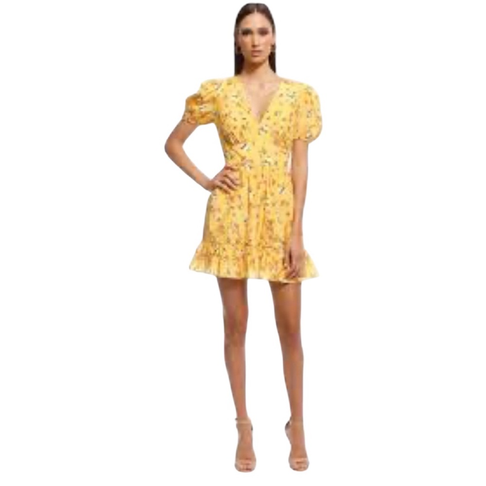 LA MAISON TALULAH YELLOW FLORAL COTTAGECORE PUFF SHORT SLEEVE VNECK DRESS RUFFLE
